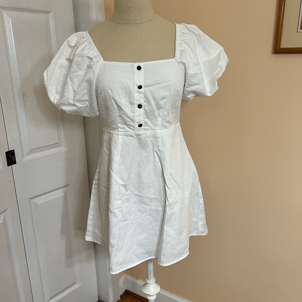 New Ledin white square neck puff sleeve mini dress cotton/linen blend? Sz S